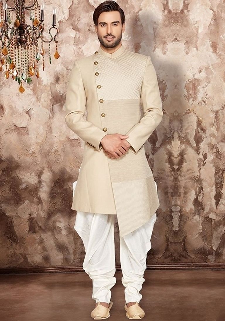 Beautiful Beige Indo Western Sherwani With Quilting Pattern