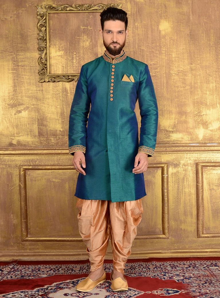 Subtale Rama Green Indo Western Sherwani With Afghani