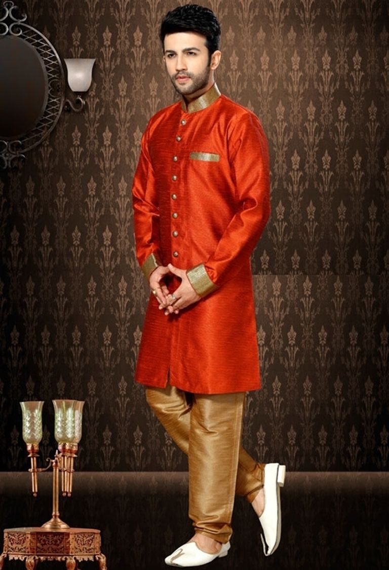 Trendy Orange Silk Indo Western Sherwani