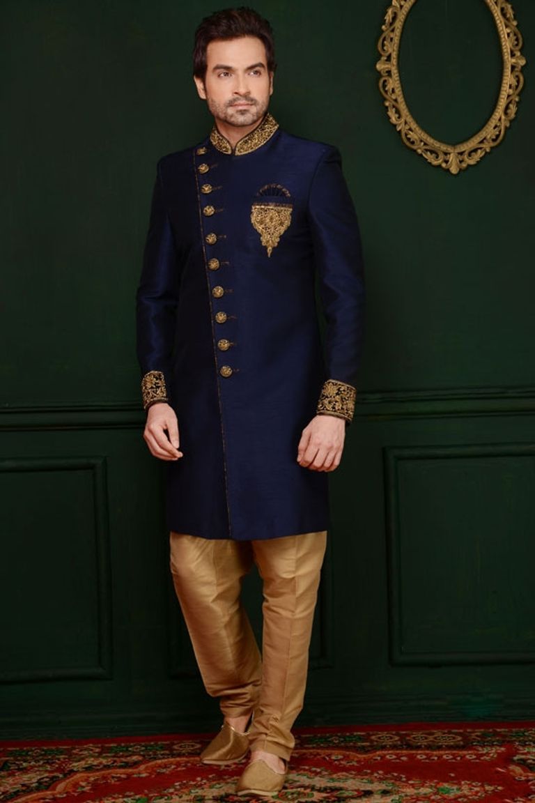 Studio Designer Piece Navy Blue Silk Indo Western Sherwani