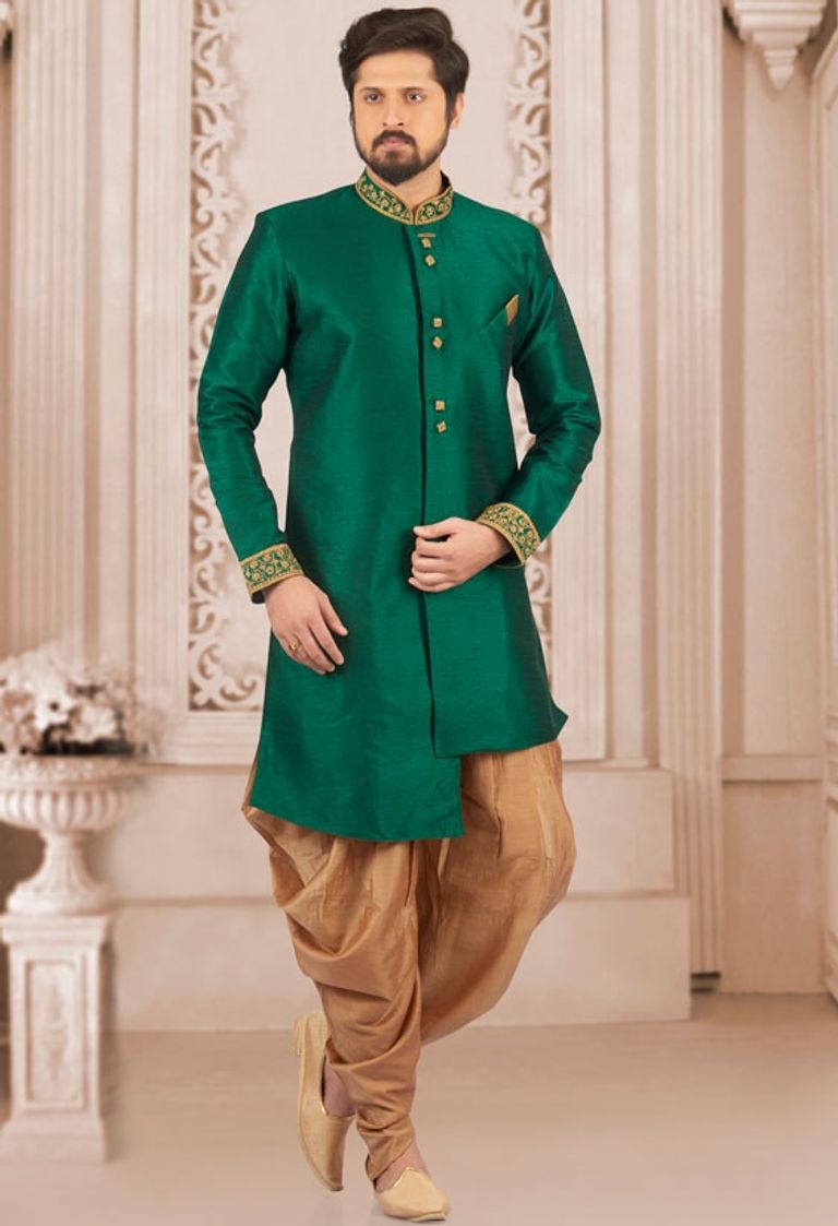 Asymmetrical Dashing Green And Gold Indo Western Sherwani