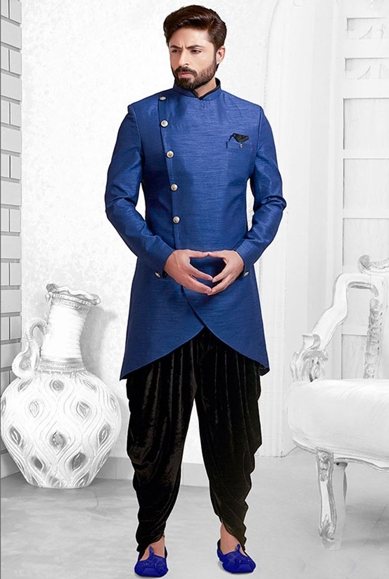 Azure Royal Blue And Black Silk Indo Western Sherwani