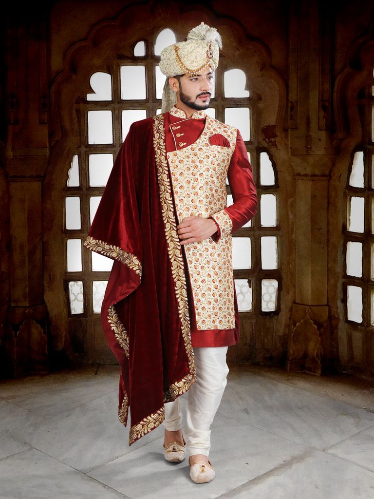 New Concept Maroon Wedding Sherwani