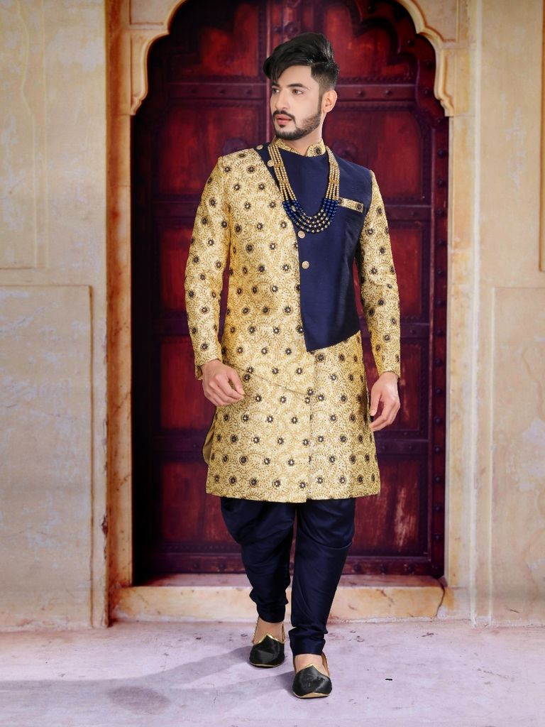 Enchanting Gold Blue Stylish Sherwani
