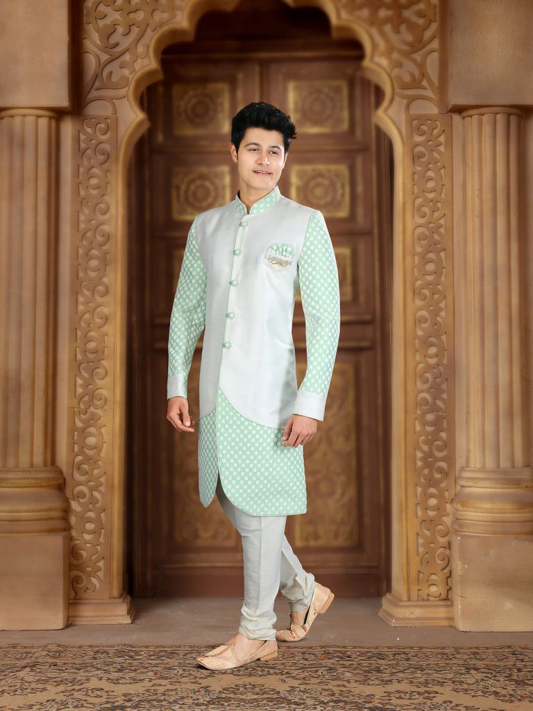 Stylish White And Pista Indo Western Sherwani