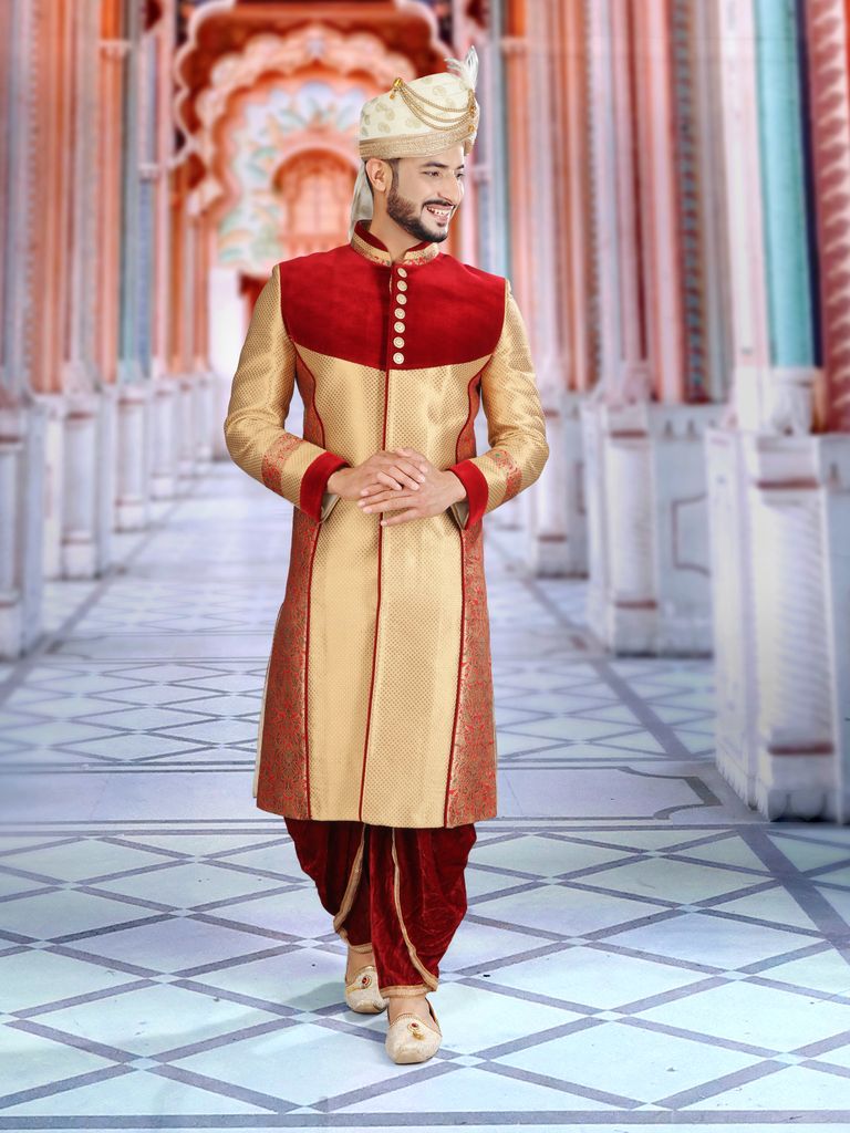 Luxurious Gold Maroon Wedding Indo Western Sherwani