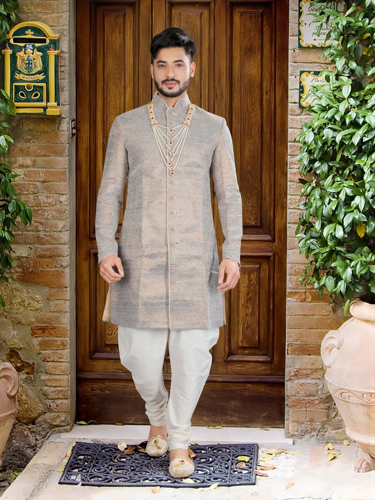 Ash Color Velvet Brocade Indo Western Sherwani