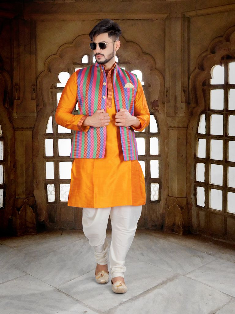 Marvelous Golden Kurta Set With Designer Nehru Jacket