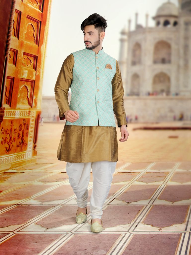 Golden Silk Kurta With Luckhnavi Silk Pista Nehru Jacket