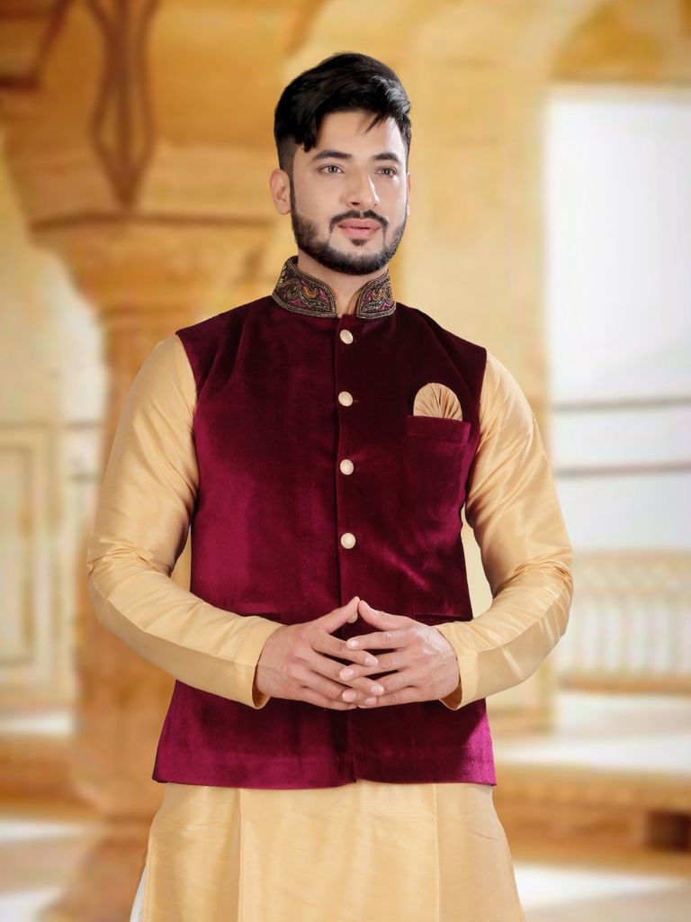 Wine Color Velvet Nehru Jacket