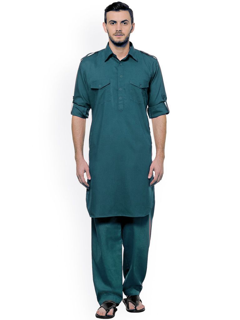Teal Blue Cotton Pathani Set