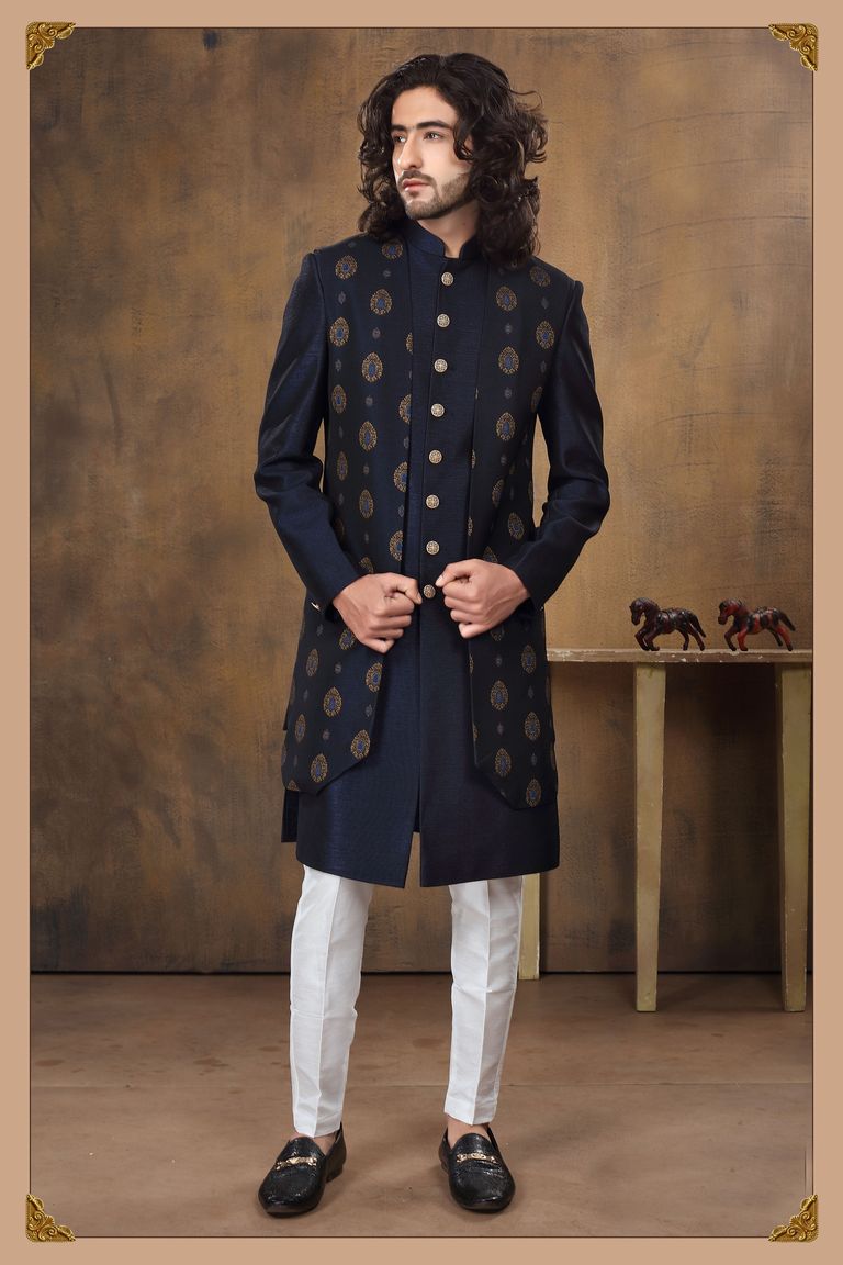 Modish Navy Blue Silk Indo Western