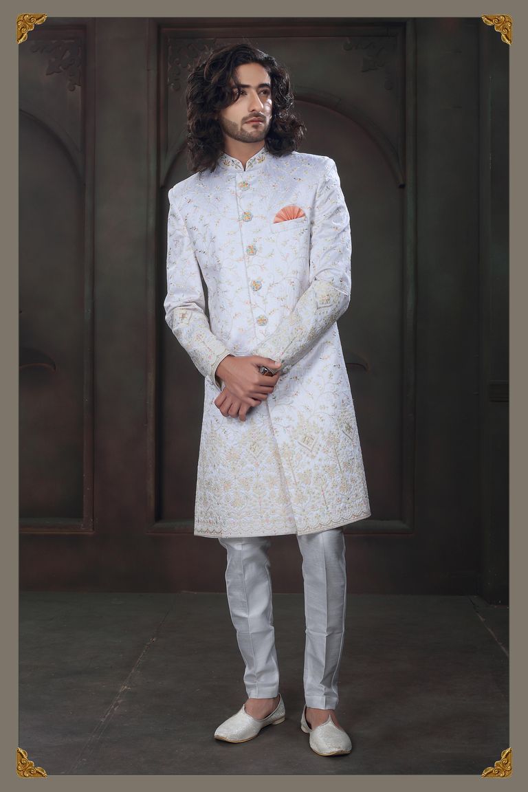 White With Allaround Multicolor Emrboidery Indo Western