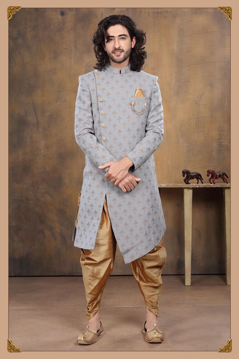Imported Fabric Elegant Printed Grey Indo Western