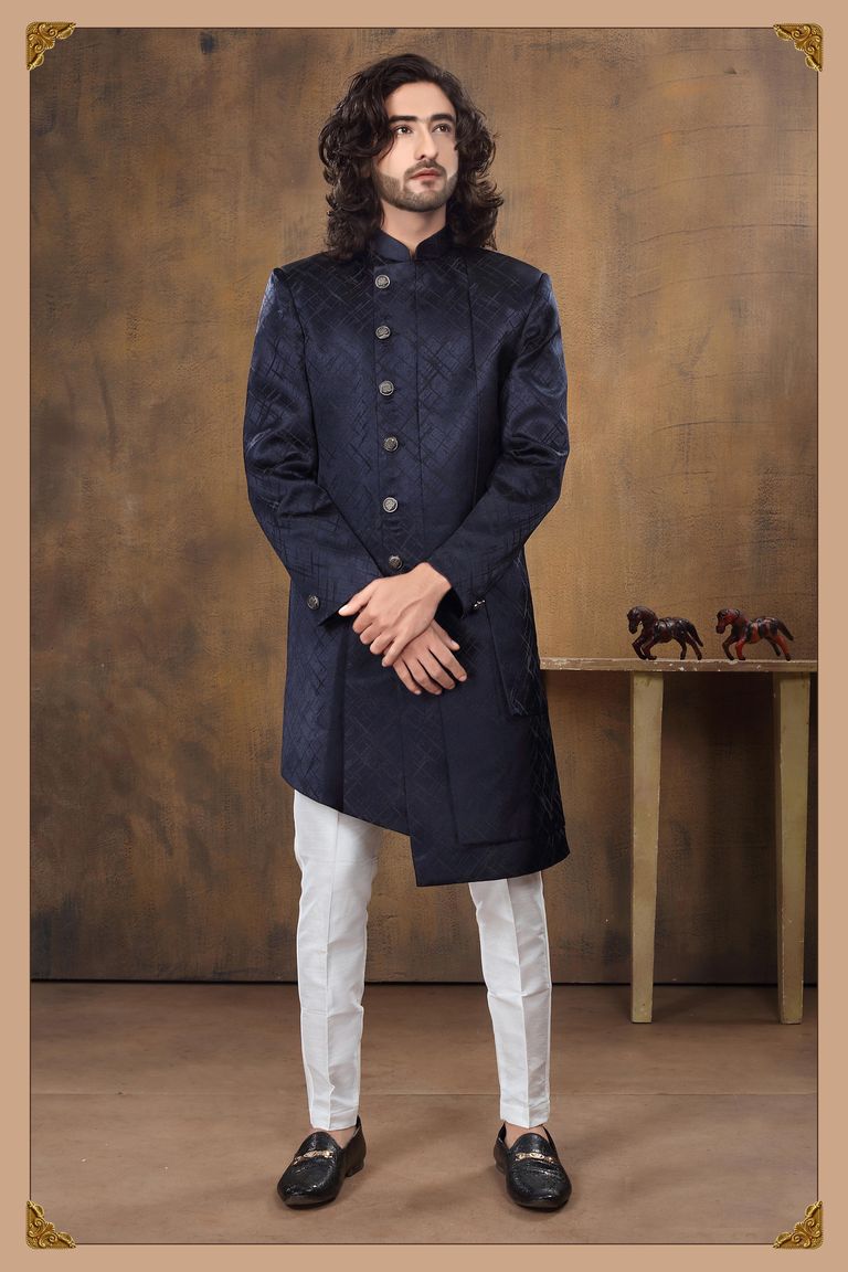 Imported Fabric Navy Blue Indo Western Sherwani