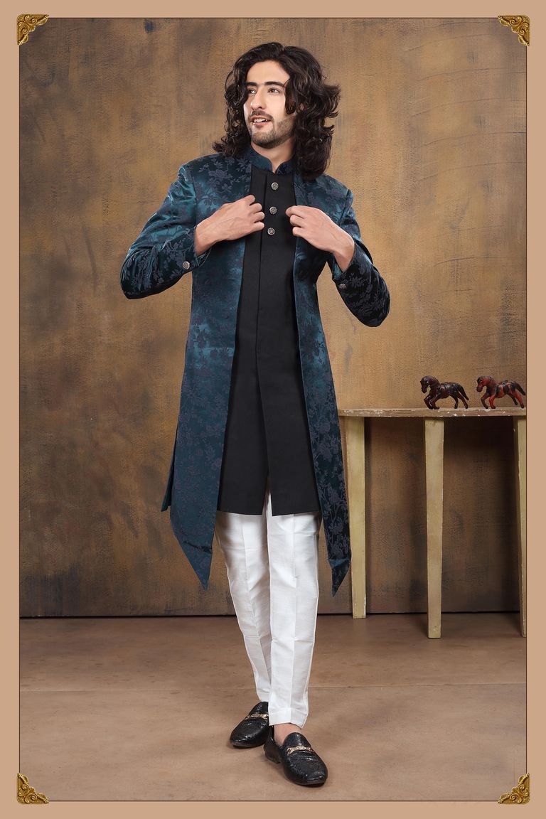 Black Teal Floral Indo Western With Jacket