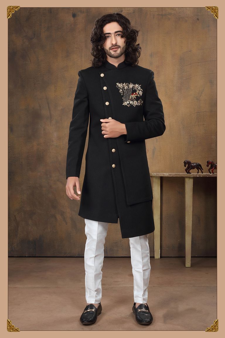Imported Fabric Black Indo Western Sherwani With Handwork