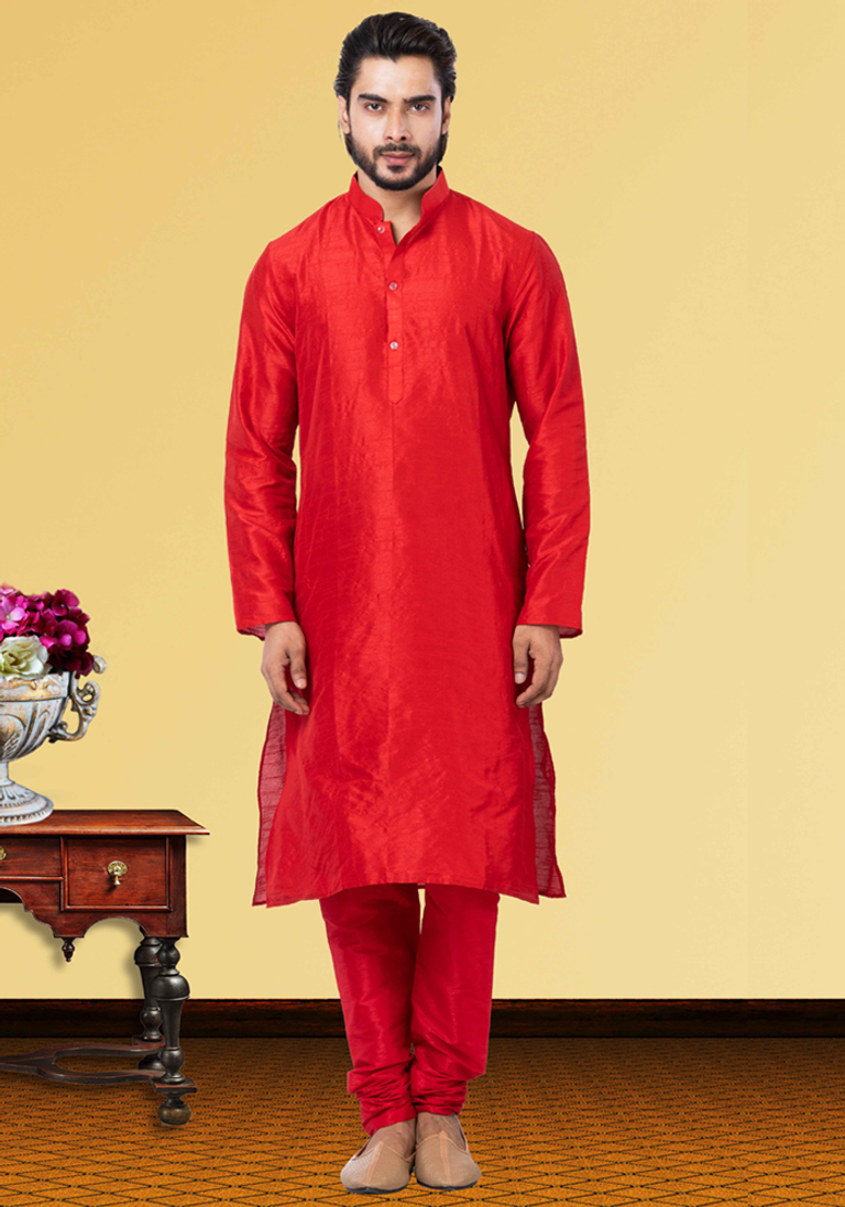 Red Plain Art Silk Kurta Pajama