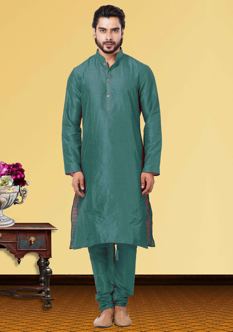 Green Plain Art Silk Kurta Pajama