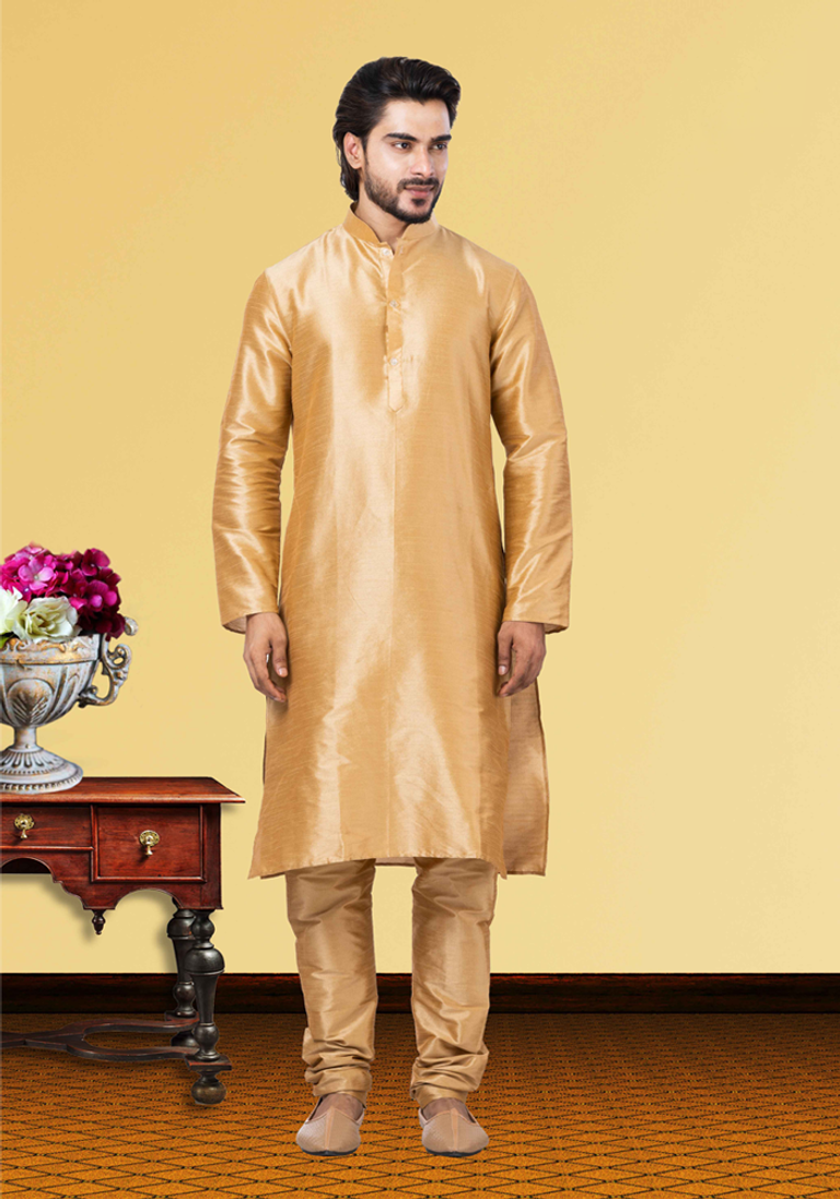 Golden Plain Art Silk Kurta Pajama