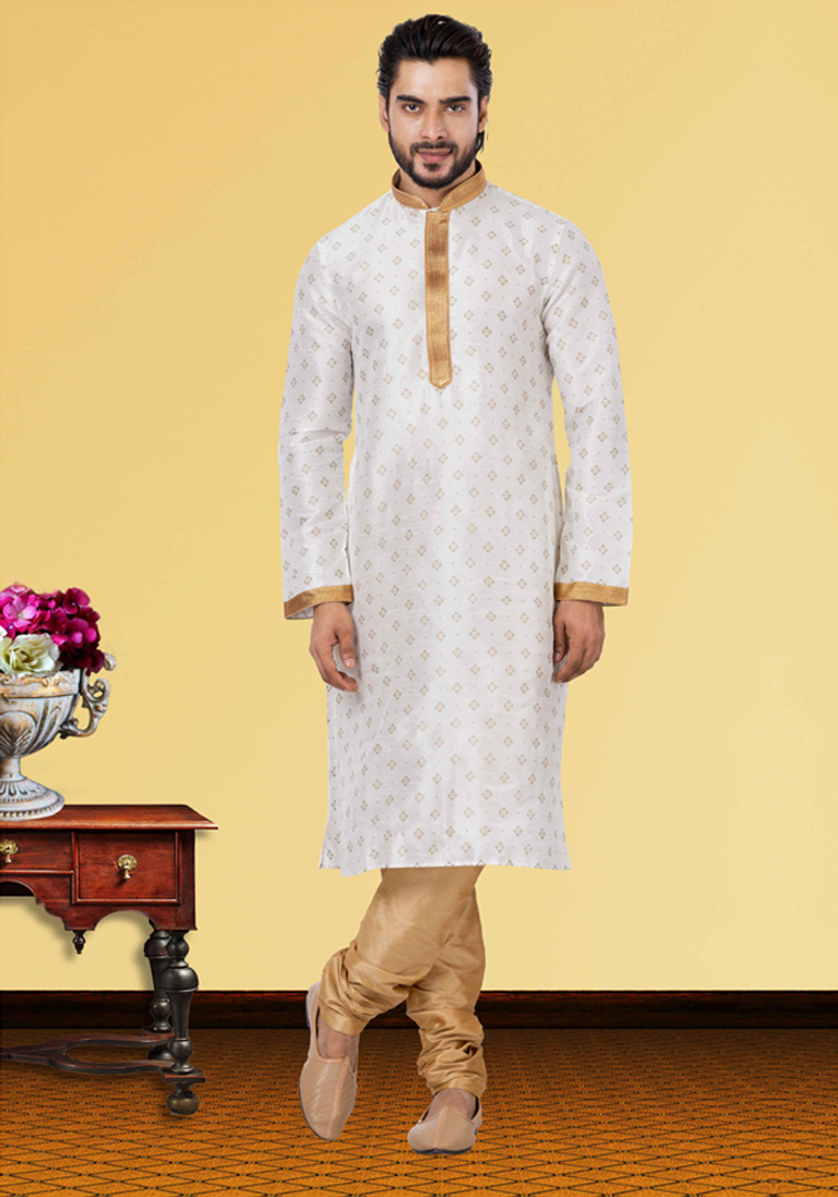 Simply Look White Self Print Kurta Pajama