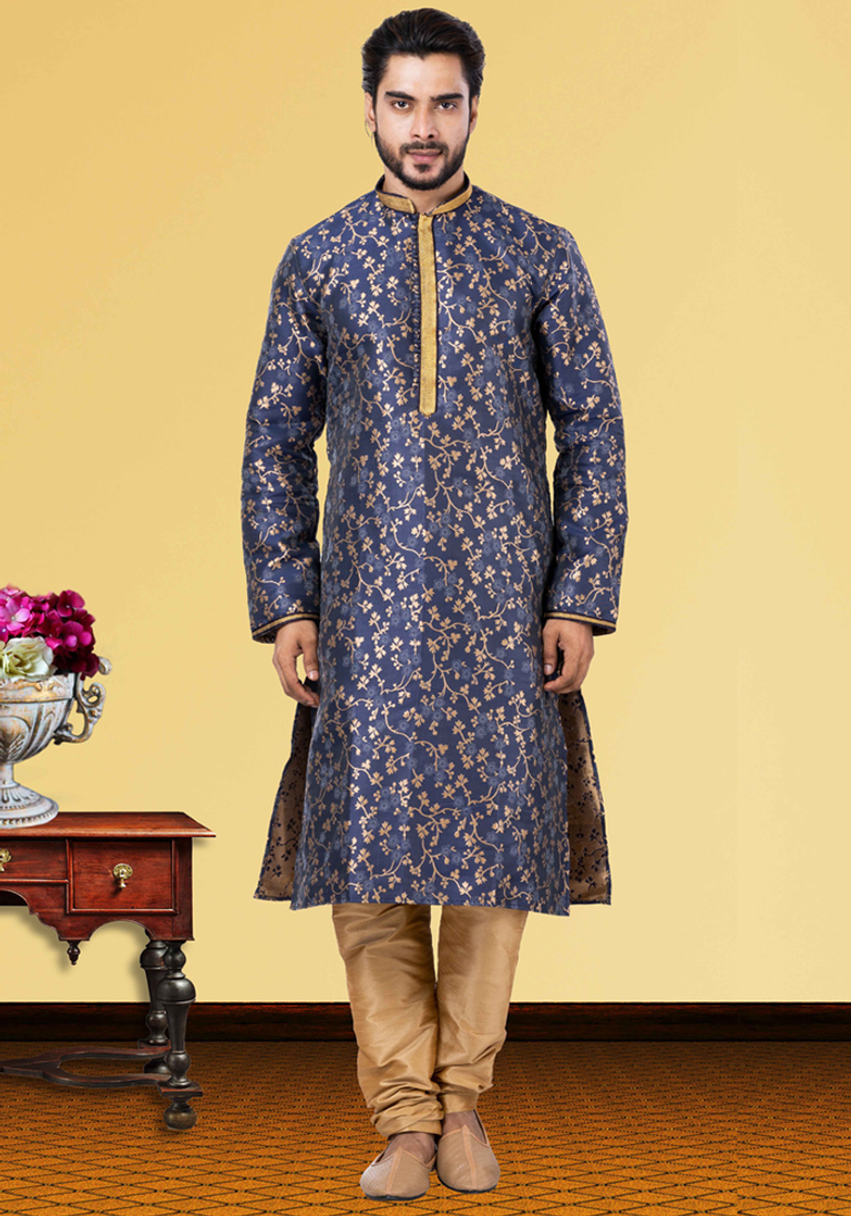 Blue Jacquard Fabric Print Kurta Pajama