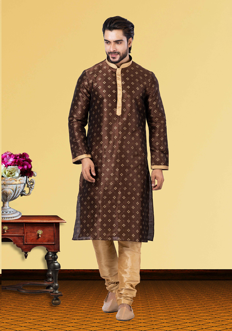 Self Printed Brown Kurta Pajama