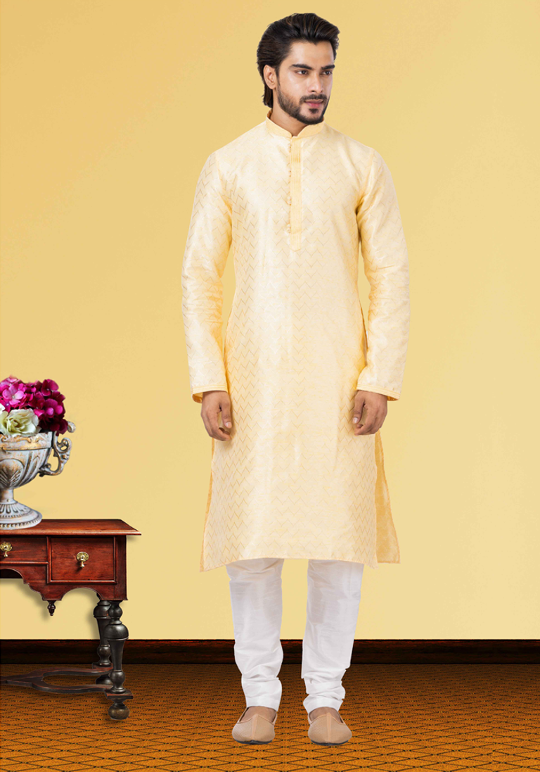 Light Yellow Printed Silk Kurta Pajama