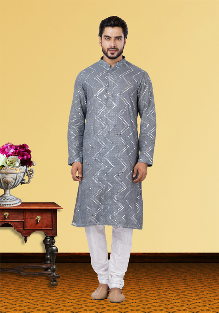 Grey Zigzag Mirror Work Kurta Pajama
