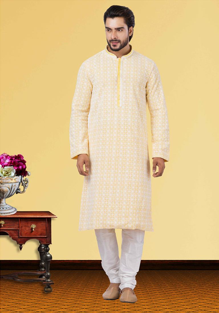 Lucknowi Chikankari Work Yellow Kurta Pajama