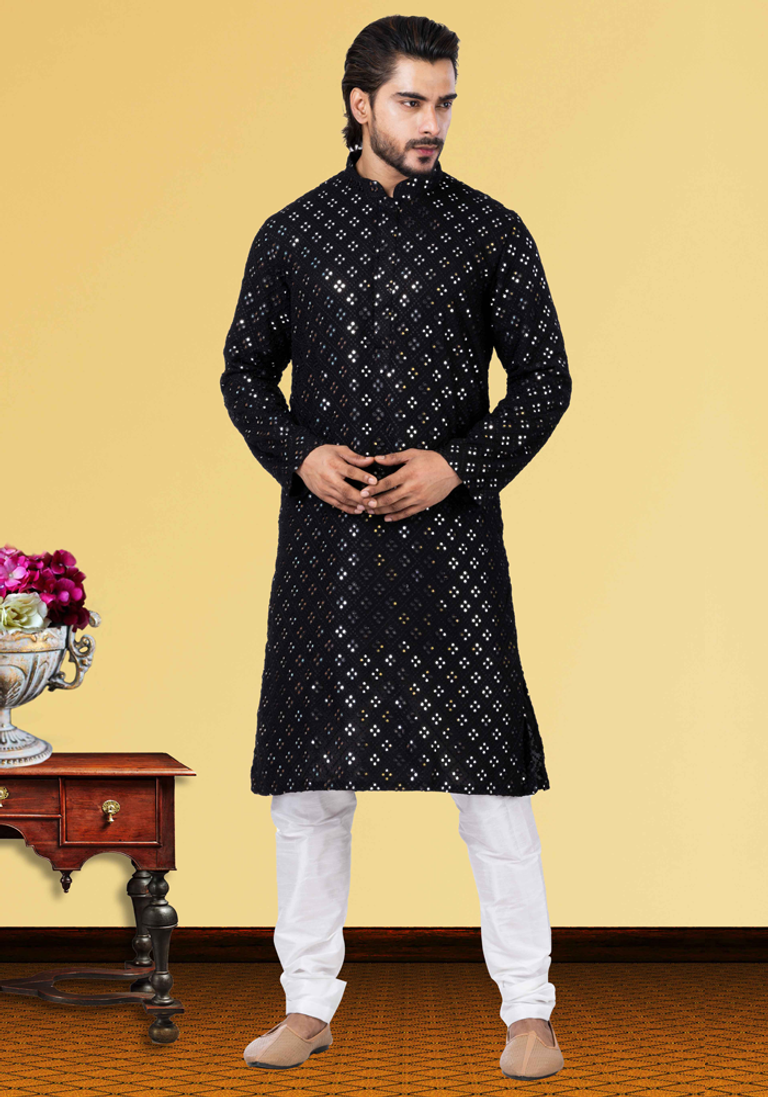 Quatrefoil Black Mirror Work Kurta Pajama
