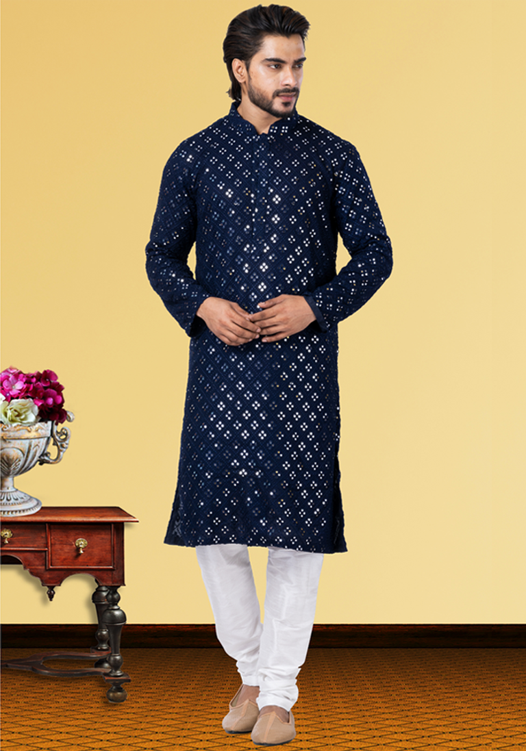 Quatrefoil Navy Blue Mirror Work Kurta Pajama