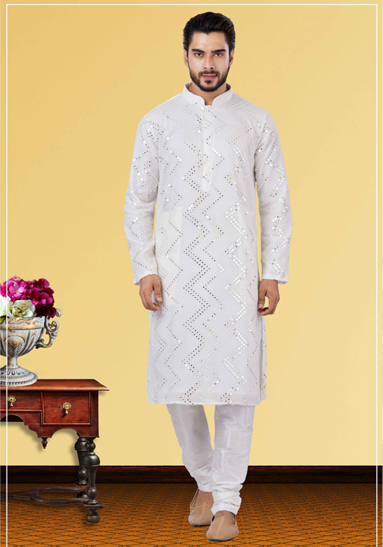 White Zigzag Mirror Work Kurta Pajama