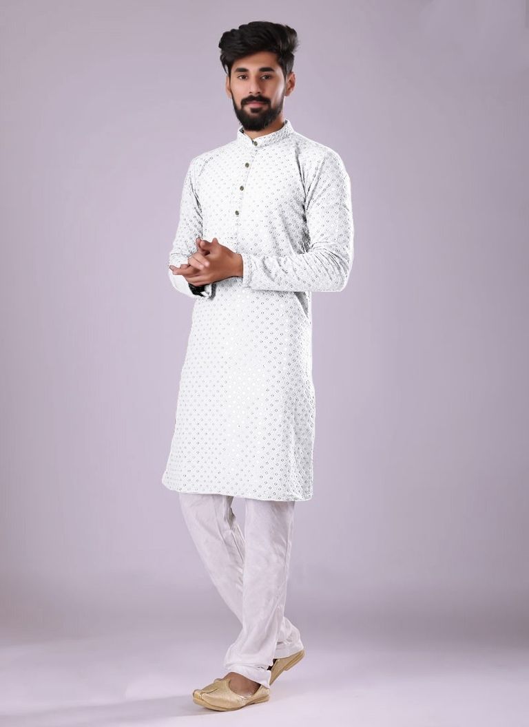 White Chikankari And Sequance Work Kurta With White Pajama