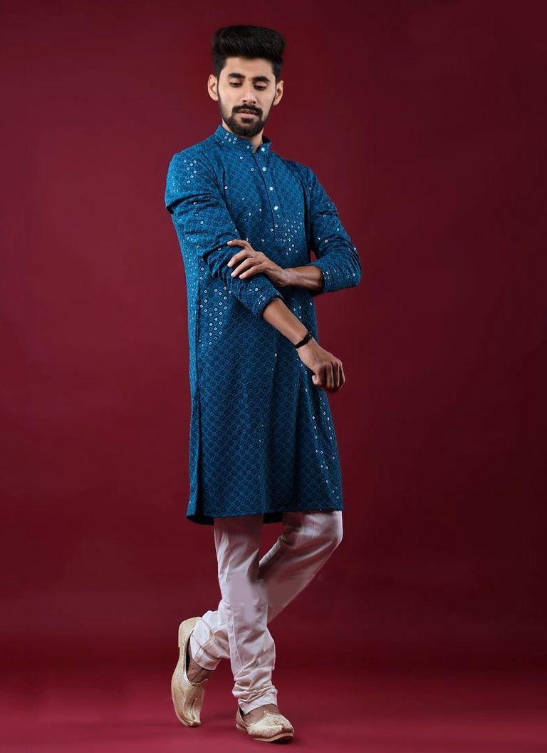 Teal Blue Chikankari And Sequance Work Kurta With White Pajama