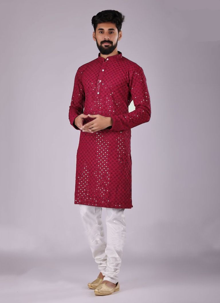 Rani Chikankari And Sequance Work Kurta With White Pajama
