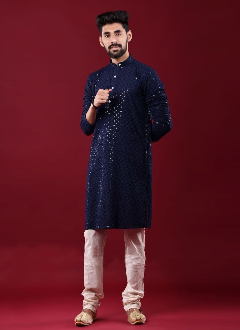 Blue Chikankari And Sequance Work Kurta With White Pajama