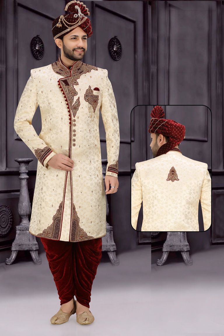 Fascinating Brocade Silk Cream Maroon Wedding Sherwani