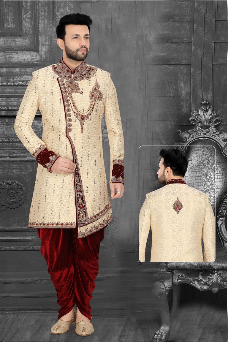 Desginer Cream Maroon Brocade Silk Dhoti Sherwani