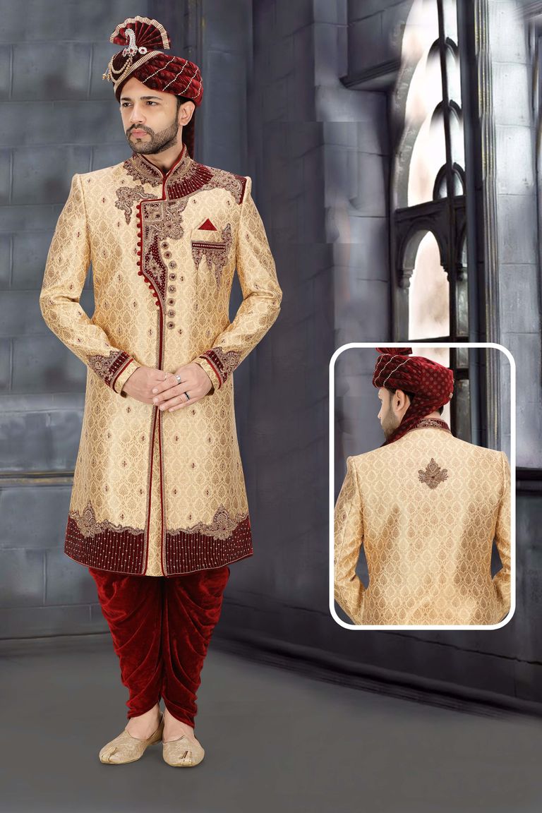 Rich Look Gold Maroon Brocade Silk Wedding Sherwani