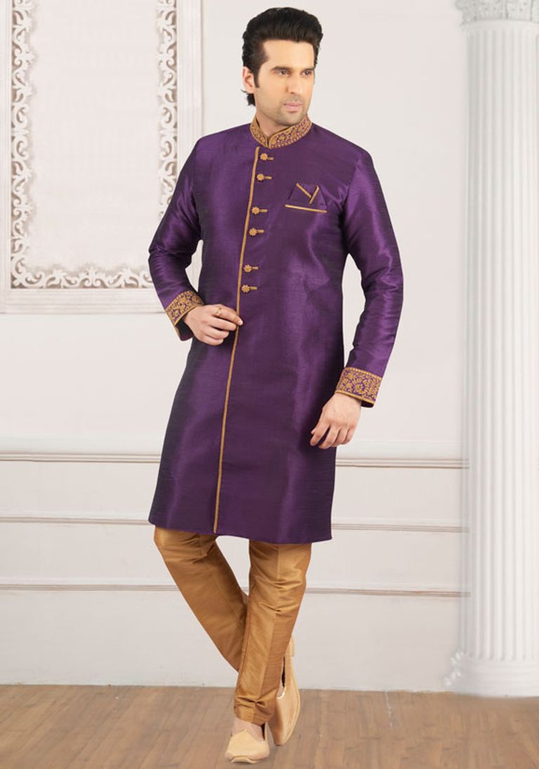 Modish Purple And Gold Indo Western Sherwani