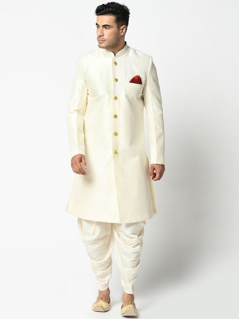Cream Dupion Silk Sherwani With Dhoti
