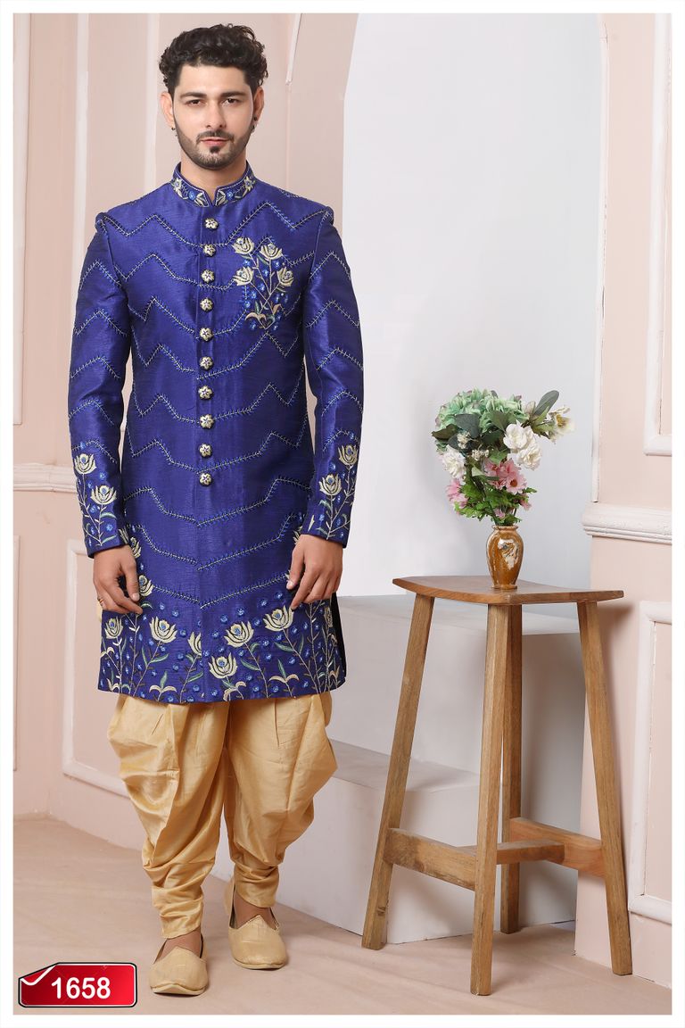 Energetic Blue Embroidered Indo Western Sherwani