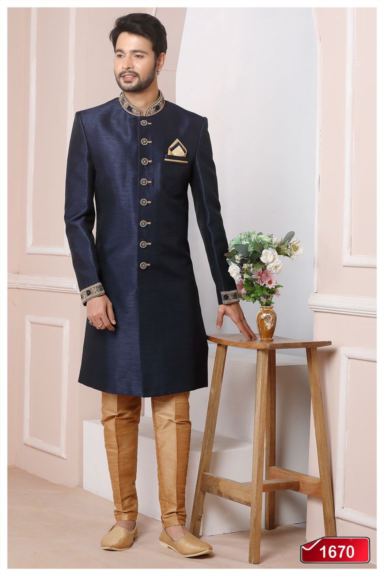 Sapphire Navy Blue Banarasi Silk Indo Western Sherwani