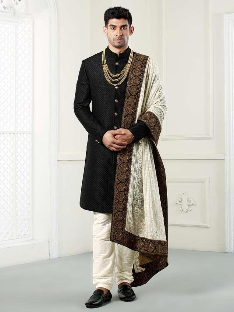 Black Color Quilted Silk Fabric Sherwani