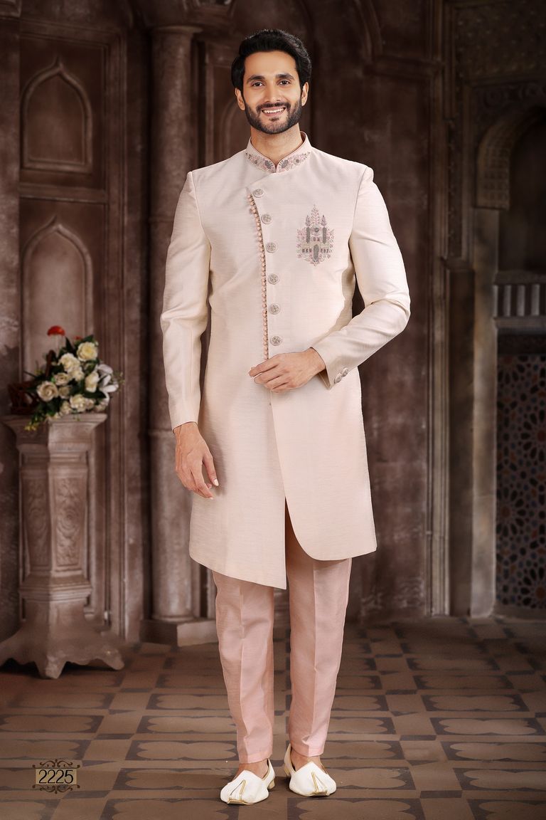 Cream Color Art Silk Indo Western Sherwani With Handwork Touch Up