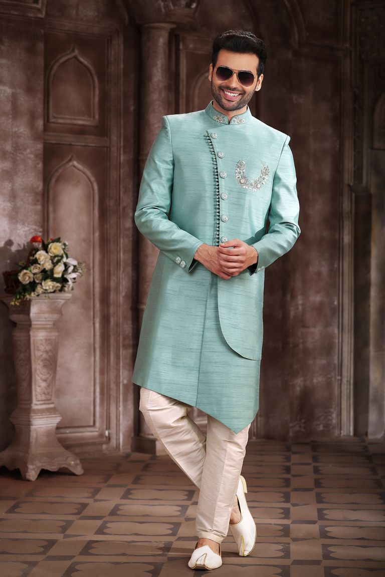 Asymmetrical Style Green Color Indo Western Sherwani