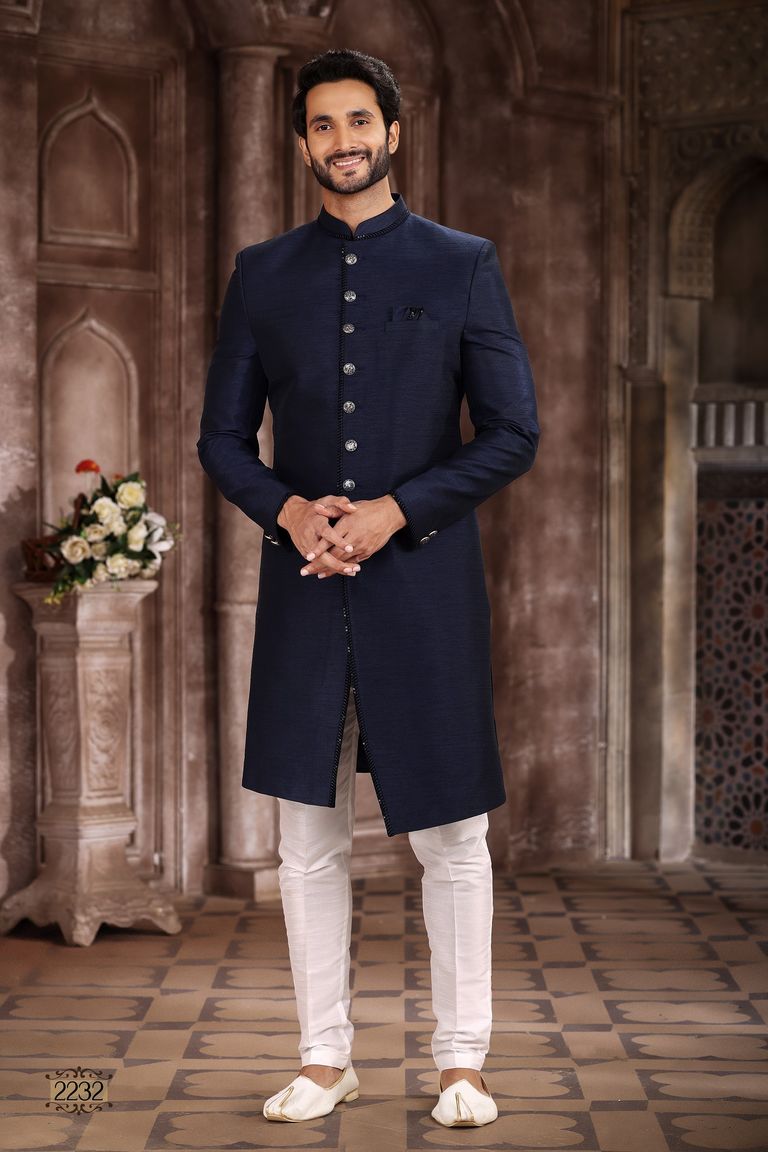 Navy Blue Nawabi Style Indo Western Sherwani