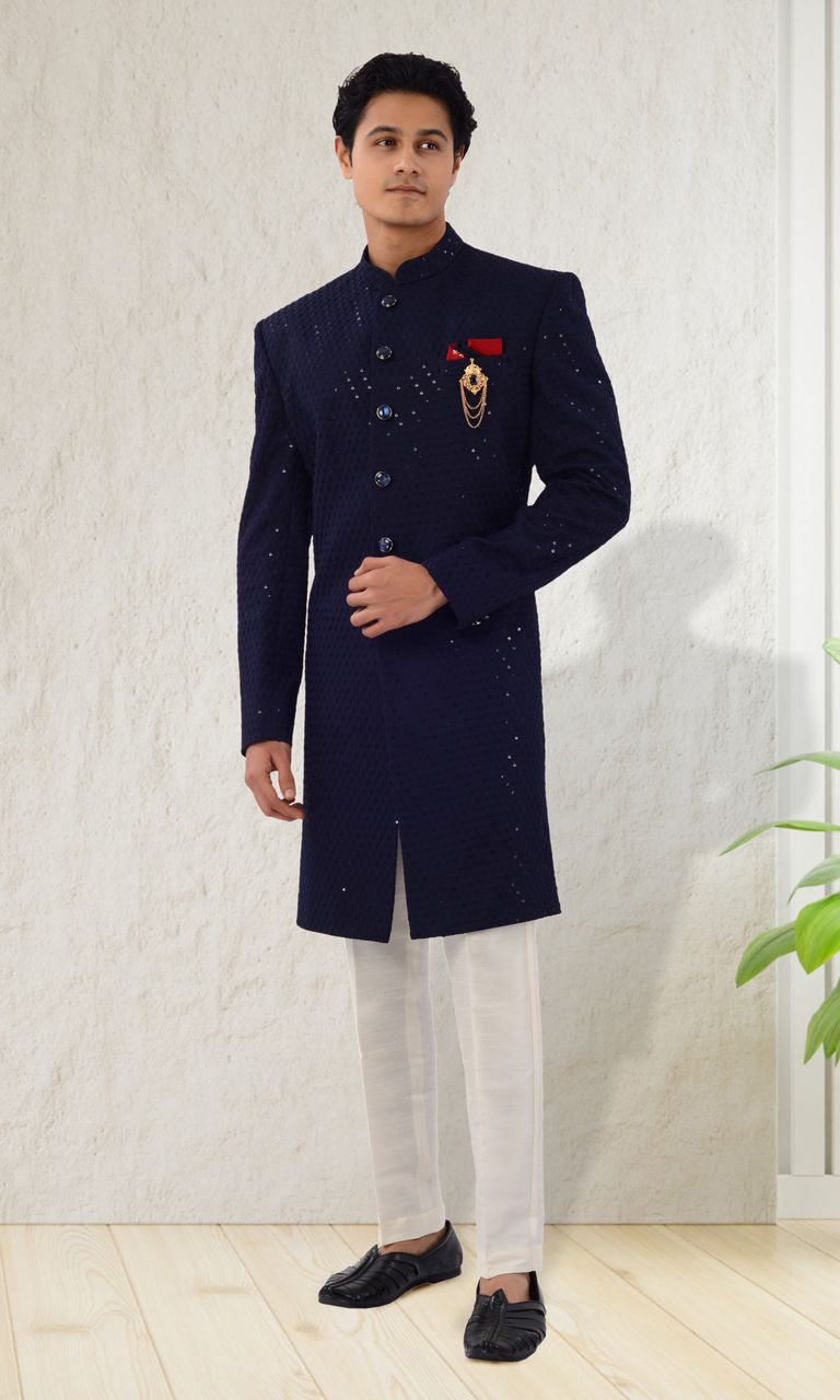 Navy Blue Color Lucknowi With Tikki Work Indo Western Sherwani