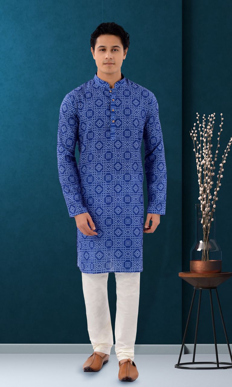 Festive Wear Blue Cotton Print Kurta Set